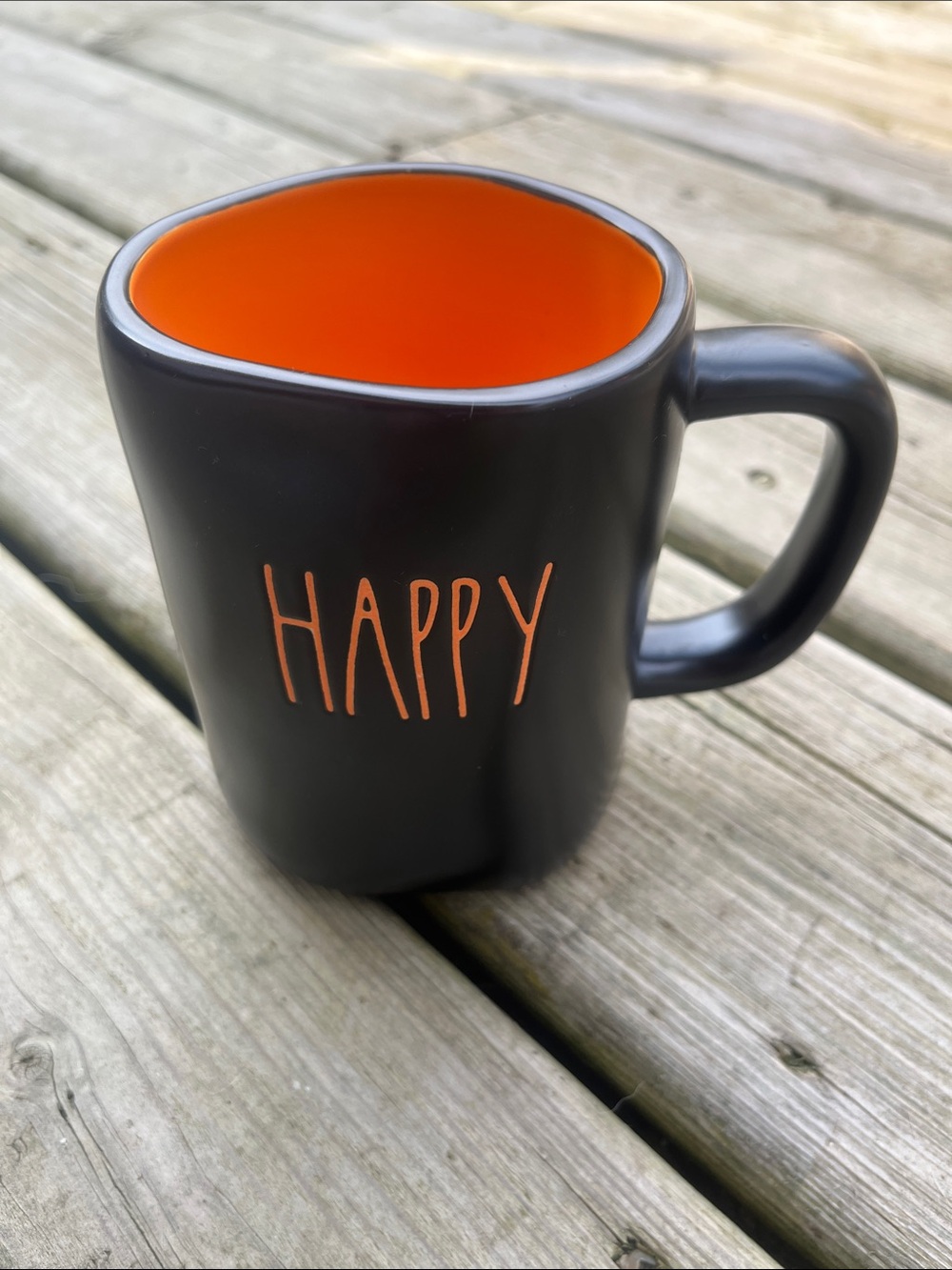 Retired Rae Dunn Black Mug with Orange Interior and HAPPY HALLOWEEN Lettering